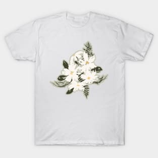 Cream and yellow flowers over sage green T-Shirt